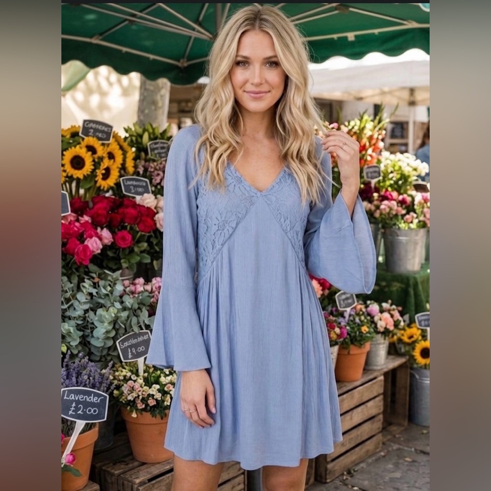 Umgee Powder Blue Lace-Trim V-Neck Midi Dress